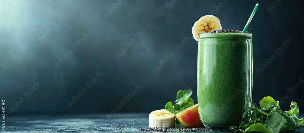 Poster Green smoothie featuring baby spinach apple banana and barley grass finished with chia seeds on top. with copy space image. Place for adding text or design