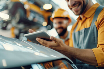 Young mechanics in safety uniforms and helmets working in a car repair shop. One man is smiling while holding a tablet, showcasing teamwork, technology, and professionalism in auto maintenance.