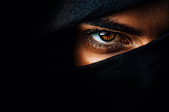 Shrouded in Mystery - Half-Human, Half-Shadow Face with Piercing Eyes, Dark Background for Text, Mysterious Concept