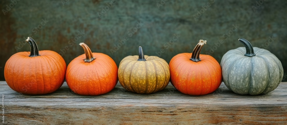 Leinwandbilder a closeup of different pumpkins on a wooden surface with room for your text autumn themed backdrop. 
