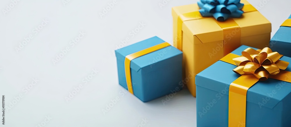 Aufkleber A close up of beautiful blue and yellow hexagon gift boxes on a white background Space for text Side view Mockup. with copy space image. Place for adding text or design