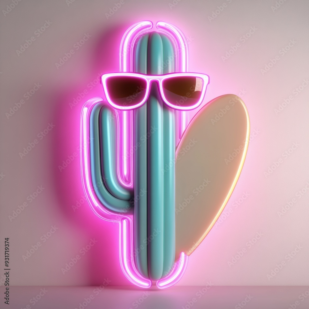 Sticker A neon cactus with sunglasses and a surfboard on top of it, AI