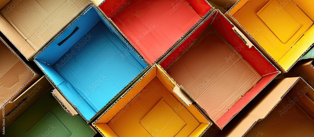 Aufkleber Empty cardboard boxes on a colored background. with copy space image. Place for adding text or design