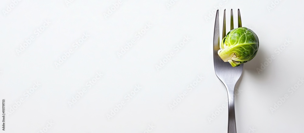 Aufkleber Fresh brussels sprout on a fork placed against a white background. with copy space image. Place for adding text or design