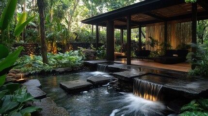 A tranquil garden retreat featuring a serene water feature, lush greenery, and modern architecture in a peaceful setting.
