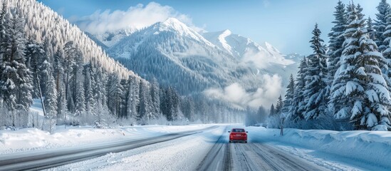 Car traveling on a single lane road in a snow covered mountainous landscape beneath the sky. with copy space image. Place for adding text or design