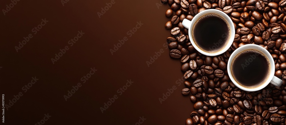 Poster Close up images of coffee cups on coffee beans morning beverages set against a dark brown background with space for written messages. with copy space image. Place for adding text or design
