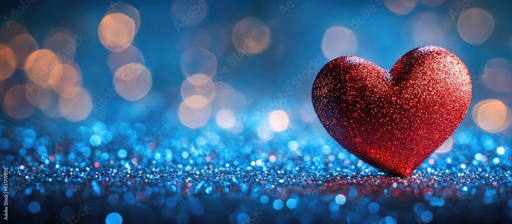 Fototapete Red heart on a stunning blue background Glittering bokeh Template for a classic greeting card Empty space for a message Shallow depth of field. with copy space image. Place for adding text or design