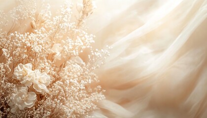 Design a refined boho wedding background with a smooth neutral beige linen fabric. Abstract floral sunlight shadows should add visual interest and a touch of class