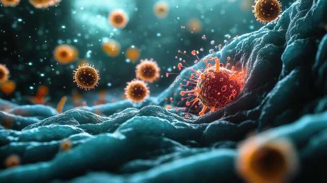 A virus penetrates a host cell, showcasing the dynamics of infection at a microscopic level in a laboratory environment