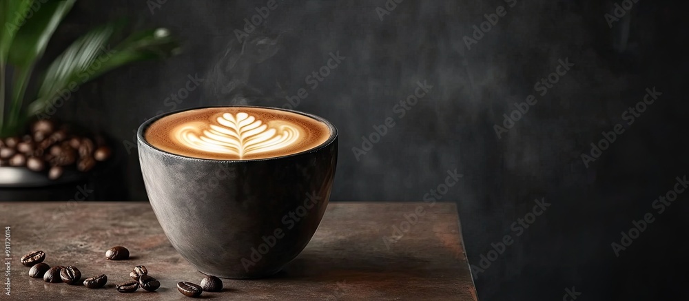Poster latte coffee in a zinc cup with a local style and copy space