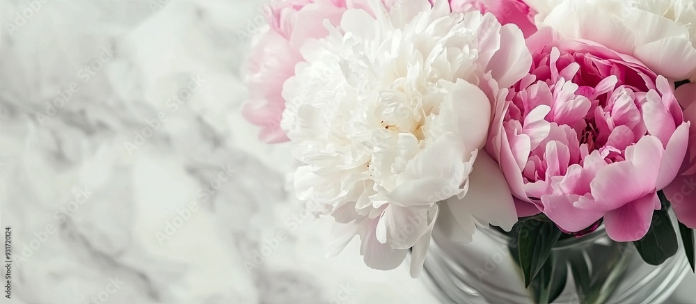 Fototapete white and pink peonies in a glass container. with copy space image. Place for adding text or design