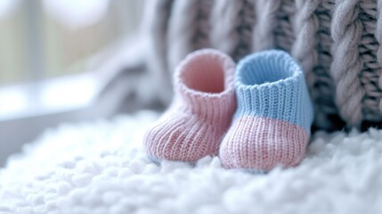 A close-up of tiny baby booties in soft pink and blue, resting on a plush white surface, [baby booties], [delicate and adorable]
