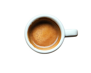 Fototapeta premium A top view of a steaming cup of espresso, showcasing its rich crema and inviting aroma, perfect for coffee lovers and enthusiasts.