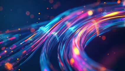 Obraz premium Detailed Fiber-Optic Cable with Vibrant Colors and Lights in an Ultra-Realistic Digital Art Style, Set Against a Dark Blue Background. AI generated illustration