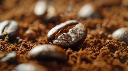 Macro photo fresh roasting coffee beans on ground brown warm toning : Generative AI