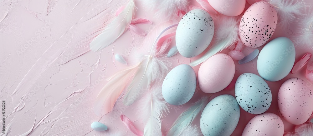 Poster Easter theme Light background featuring pastel colored eggs and feathers with space for text Top view flat lay. with copy space image. Place for adding text or design