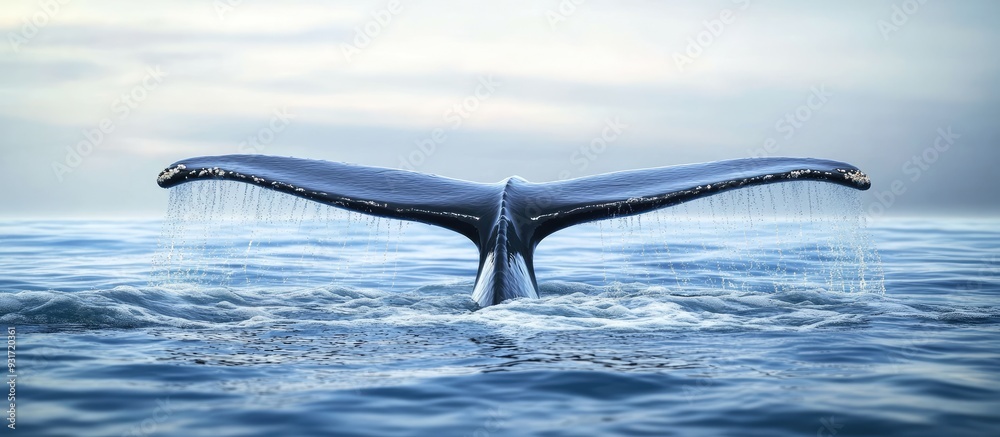 Poster Close up of a large whale s tail above the surface of the water. with copy space image. Place for adding text or design