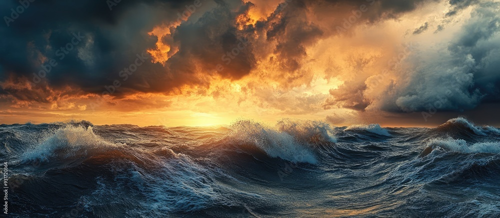 Poster baltic sea beneath striking sunset clouds following a storm waves and splashing water create an epic