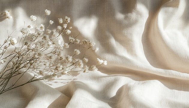 Craft a professional boho wedding textile background with a smooth neutral beige linen fabric. Abstract floral sunlight shadows should enhance the texture and create a sophisticated look