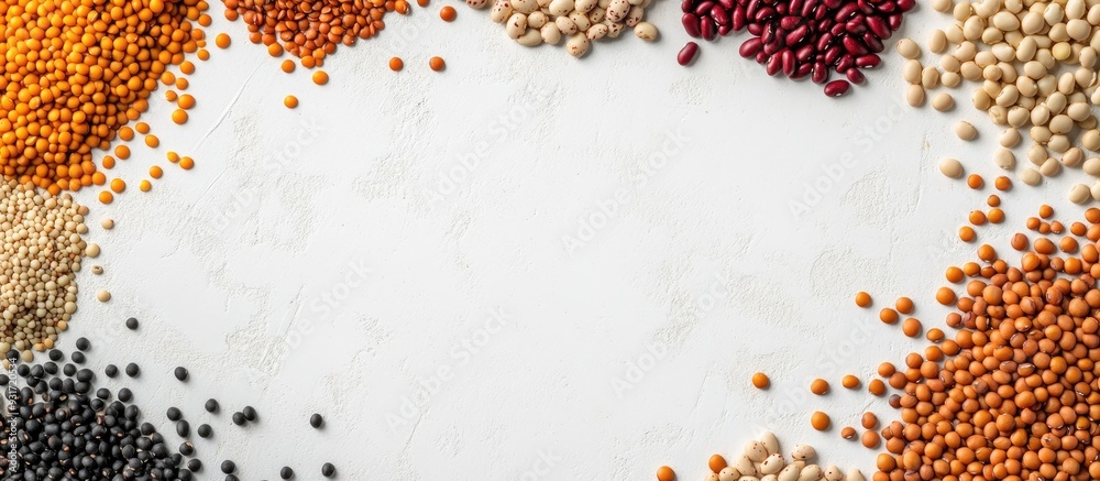 Poster Pulses arranged from above on a white background with space for text Red kidney pinto and black beans lentils chickpeas soybeans and black eyed peas create a frame. with copy space image