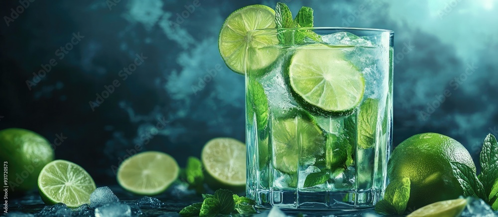 Poster lime mojito in a clear glass against a dark background surrounding it are fresh lime slices ice and 