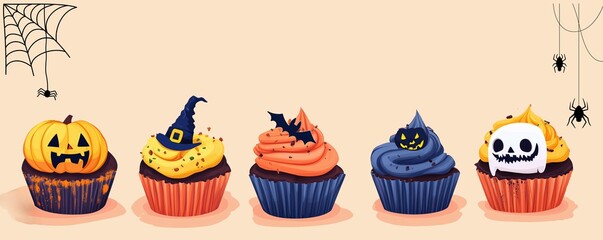 Halloween theme banner for bakery business spooky cupcake, cartoon drawing for seasonal decorations and invitations with space for text