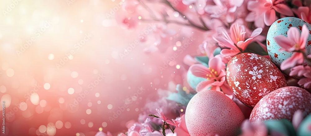 Poster Easter background featuring Easter eggs and spring flowers. with copy space image. Place for adding text or design