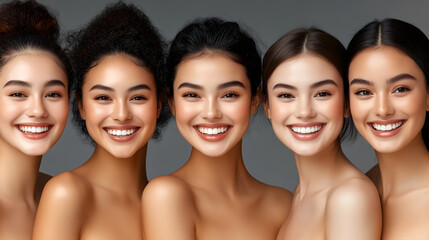 Fototapeta premium Close-Up Portrait of Five Happy Multiethnic Women with Smooth Skin and Diverse Hairstyles, Smiling for Body Care Concept or Beauty Treatment Ad, Gray Background with Copy Space