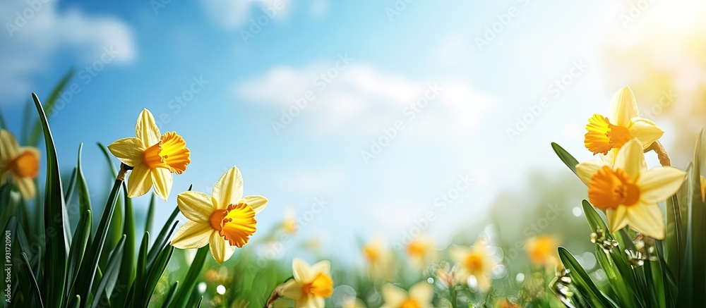 Fototapete Daffodils blooming in springtime. with copy space image. Place for adding text or design