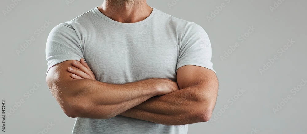 Poster close up of a man in a plain t shirt with his arms crossed. with copy space image. place for adding 