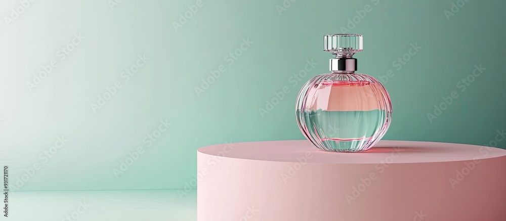 Poster crystal perfume bottle situated on a pink podium against a green background modern luxury fragrance 
