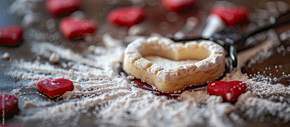 Aufkleber elevated view of a heart shaped cookie cutter on red powder. with copy space image. Place for adding text or design