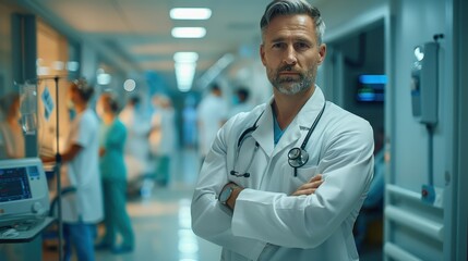 Fototapeta premium Confident Male Doctor Standing in Hospital Corridor