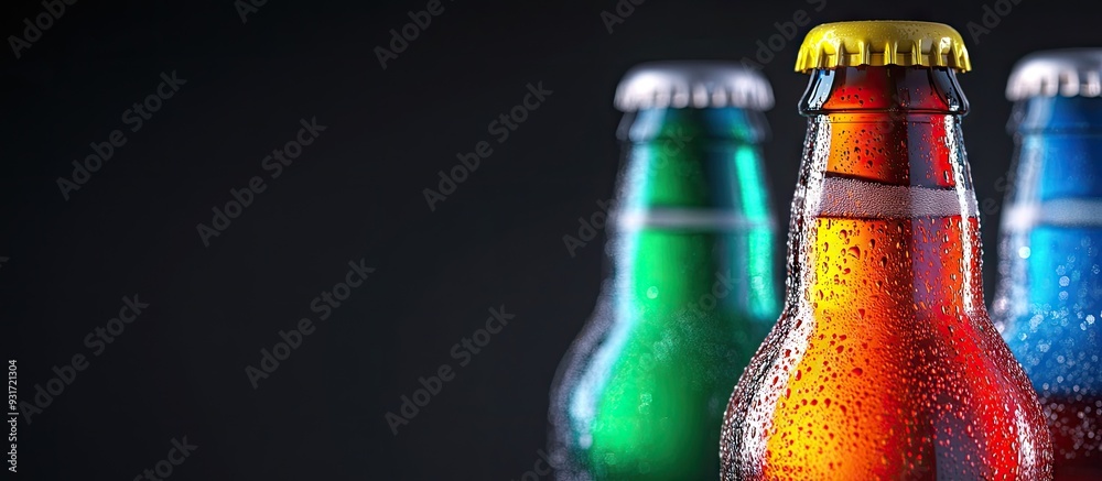 Poster colorful beer bottle necks in close up with selective focus and copy space