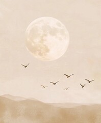 Minimalist Digital Art Painting of Birds Flying Under an Oversized Full Moon, in Soft Pastel Tones with Beige and Pale Gold, Capturing Serenity and Harmony. AI generated illustration
