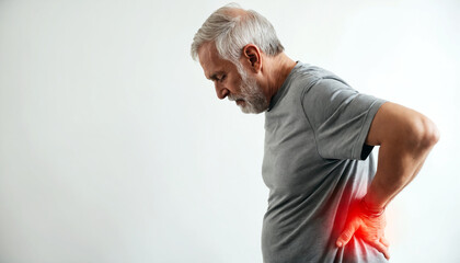 Senior man suffering from back pain touching his back with red highlight