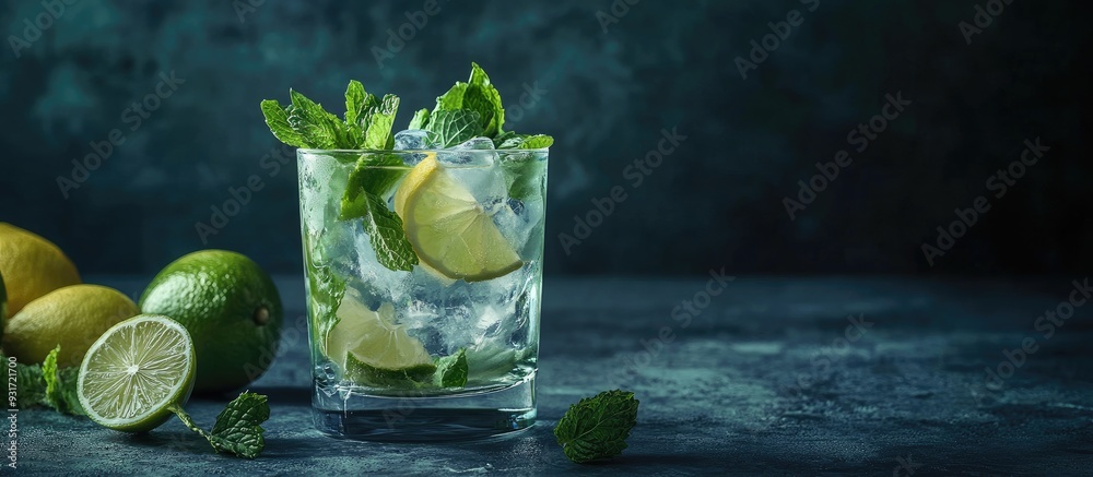 Leinwandbilder Mojito cocktail in a tumbler with lime mint and lemon set against a dark concrete background Prepare a mojito. with copy space image. Place for adding text or design