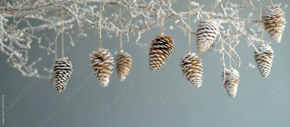 Poster Environmental themed Christmas tree with golden cones suspended from white birch branches. with copy space image. Place for adding text or design