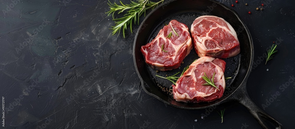 Aufkleber Pork ribeye roast in a skillet grill with herbs and spices viewed from above on a black stone background with space for text. with copy space image. Place for adding text or design