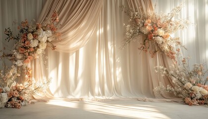 Craft a luxurious boho wedding background with softly draped neutral beige linen. Incorporate abstract floral sunlight shadows for a warm, elegant appearance