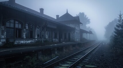 Fototapeta premium Abandoned Train Station Platform in Foggy Atmosphere