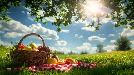 Picnic Basket with Fruits and Pastries on Grass in Spring, Under a Blue Sky with White Clouds, Sunlight Through Green Leaves, Red Checkered Cloth, and Wildflowers. AI generated illustration