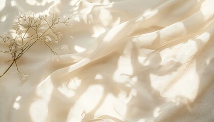 Generate a professional boho wedding textile background with smooth neutral beige linen fabric. Add subtle abstract floral shadows created by sunlight to create a sophisticated look