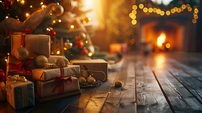 Xmas background mockup with copyspace. Boxes of gifs under cristmas fir tree on wooden floor near fireplace. Ornaments, garland and golden ball with beautiful orange backlight