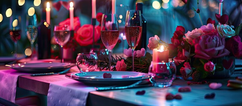 Festive table arrangement for Valentine s Day celebration on a colorful background. with copy space image. Place for adding text or design