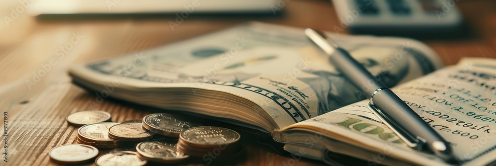 Fototapete a stack of cash and coins sit beside an open notebook filled with notes and calculations, indicating