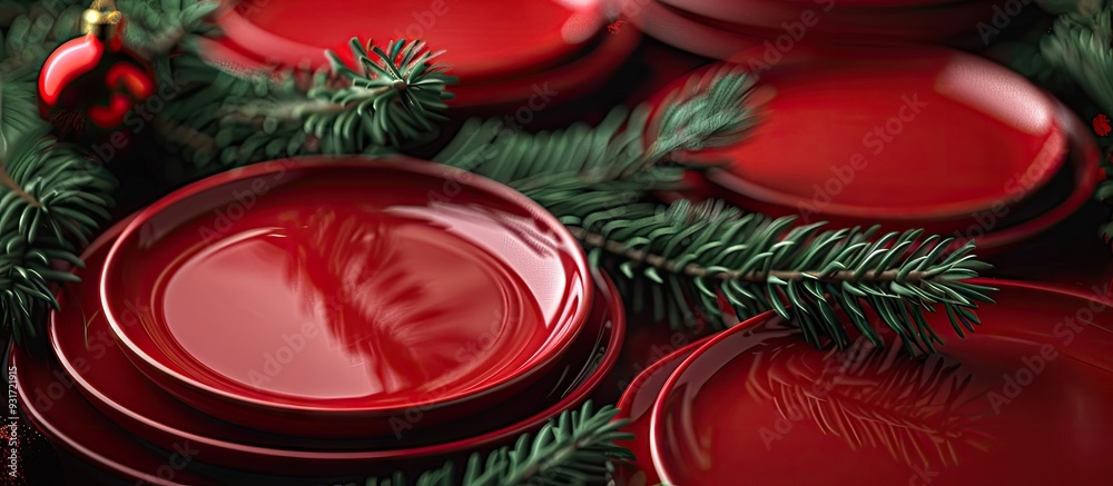 Poster Several red plates are arranged on a red tablecloth accompanied by Christmas tree branches on the table Christmas concert. with copy space image. Place for adding text or design