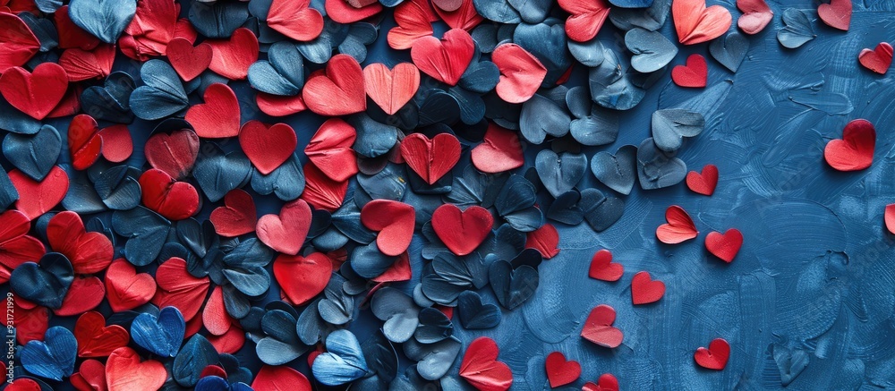 Poster Valentine s Day backdrop featuring red hearts on a blue background Flat lay top view. with copy space image. Place for adding text or design