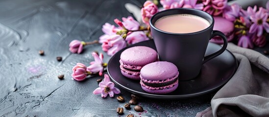 Purple macarons or macaroons on a black concrete background alongside a cup of coffee and pink fabric Hard light low key Side view copyspace